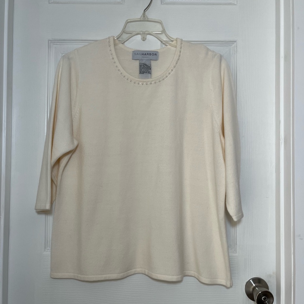 Sag Harbor Plus Ivory Sweater with Beaded Neckline